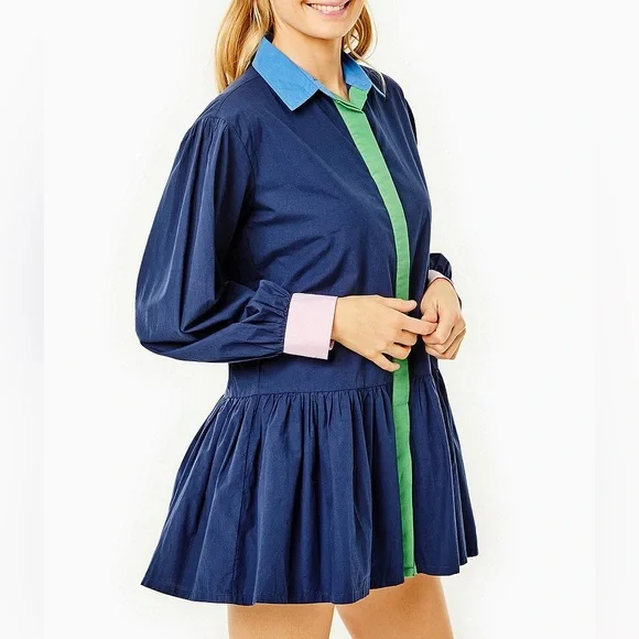 NWT Addison Bay Lane Color Block Point Collar Peplum Dropped Waist Flounce Dress - Picture 4 of 10